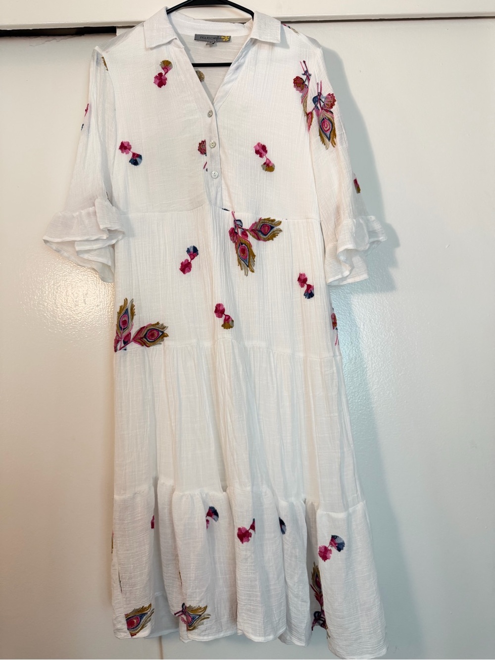 White Embroidered Midi Dress with Pink & Green Accents